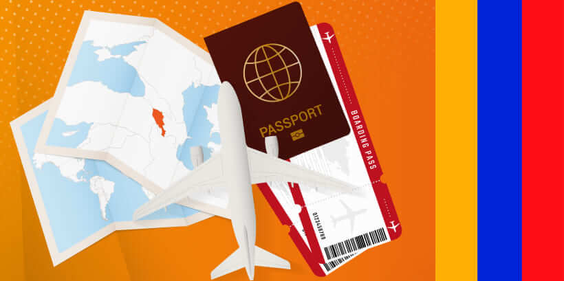 An illustration of a travel concept: a toy airplane, a map with a country highlighted in red, a passport, and a boarding pass on an orange background. Vertical colored stripes are on the right side.